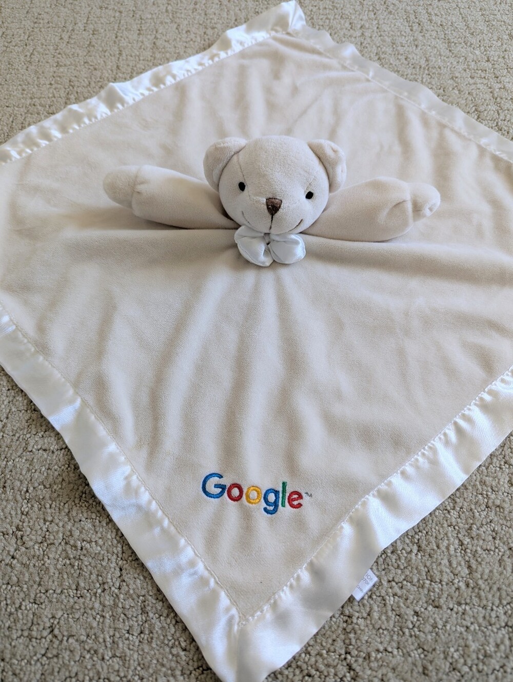 Google Bear With Bow Tie Lovey Lovie Baby Security Blanket Satin Trim Beige 18"